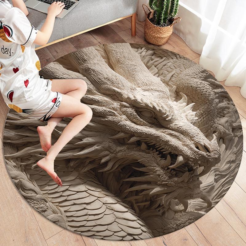 Stone Carving Leopard and Dragon Round Area Rug,Carpet Rug for Living Room Bedroom Sofa Playroom Decor,Non-slip Floor Mat