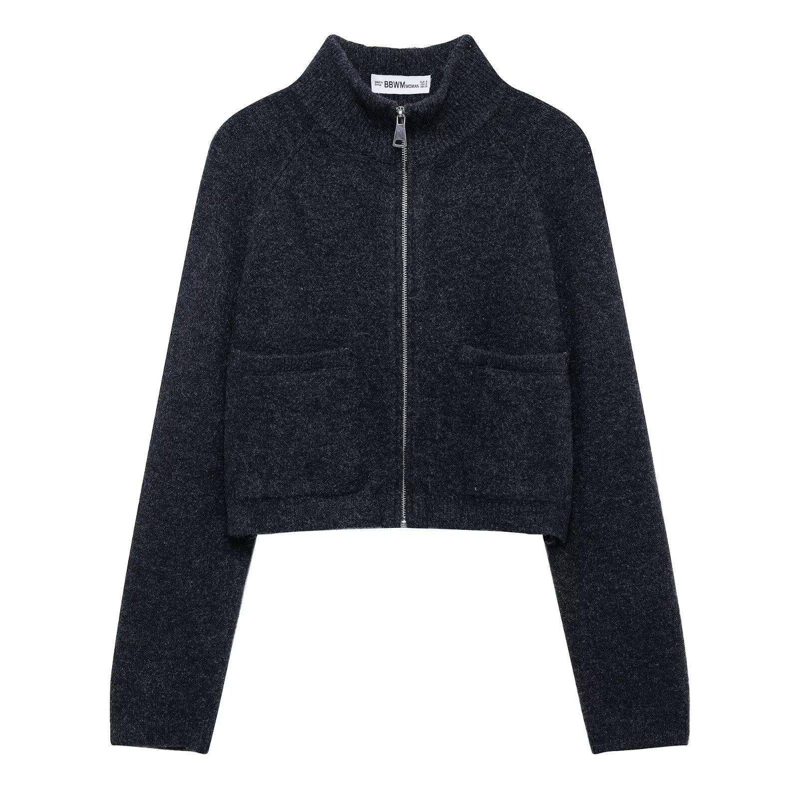 

Весна 2025 Женский кардиган машинной вязки в европейском и американском стиле с мягким воротником-стойкой - Длинный рукав, модный и удобный. Small