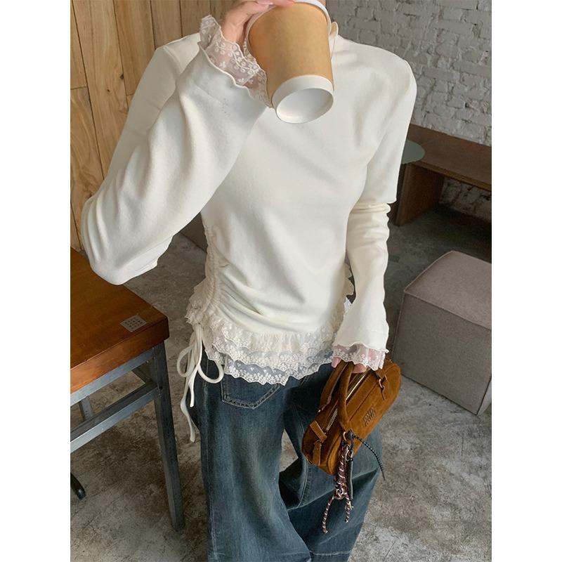 Autumn Long Sleeve Lace Fungus Base Women's Casual T-shirt Fashion Winter Long Sleeve Warm Tshirts Woman Stand Simple Slim Fit Ladies Tee Tops 25799