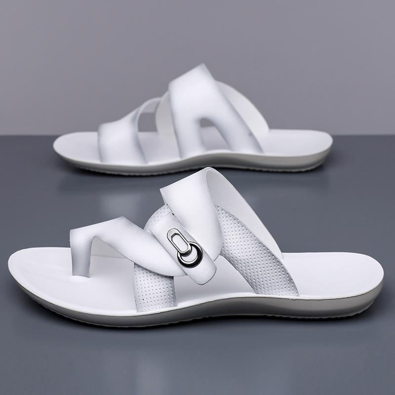 Men Black Leather Slippers Simple Flats Summer White Outdoor Brown Open Toe Wide Head Beach Shoes Plus Size