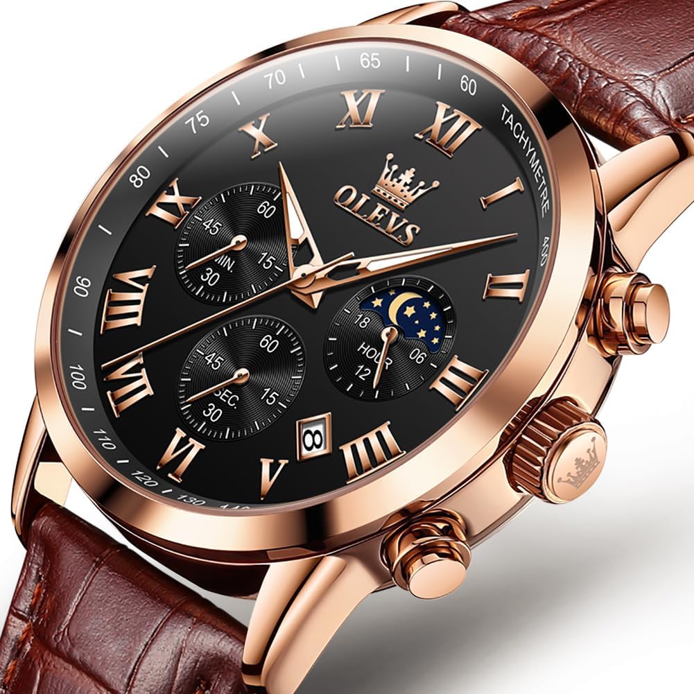 OLEVS Leather Day of the Black Men's Wristwatch, Waterproof, Analog, Stylish, Simple, Quartz, Lightweight, Brown, Date, Week,
