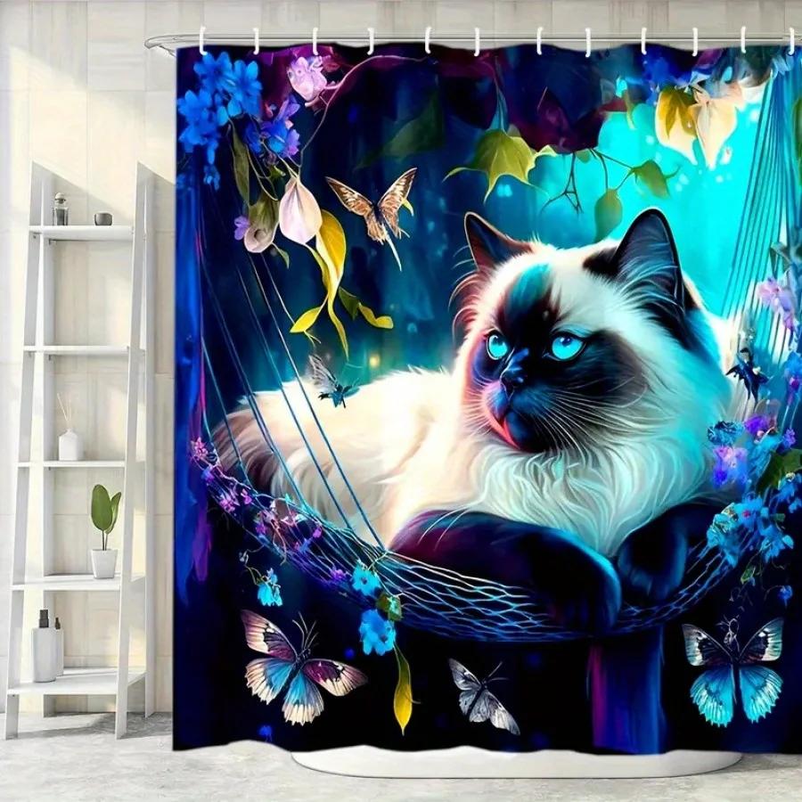 1pc Cat with Butterflies & Flowers Shower Curtain - Machine Washable Polyester Bathroom Decor, Artistic Animal Theme Design with