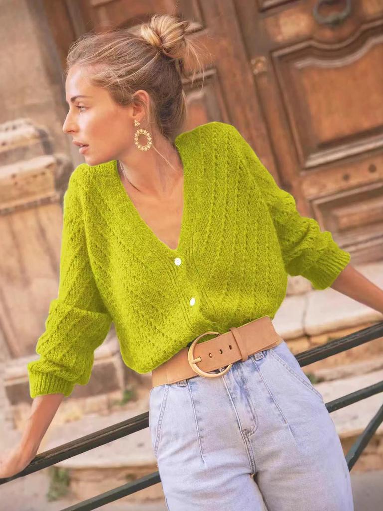 Damen V-Ausschnitt Mohair Cardigan - Langarm, Lochmuster, einfarbige Basis für Frühling & Herbst