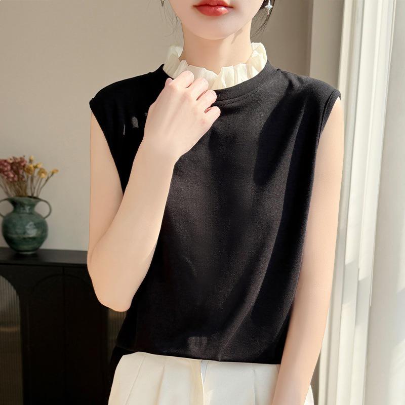2026 Spring/Summer Women s Color Block Sleeveless Knit Vest - Tencel Wool Organza Half-High Collar XL