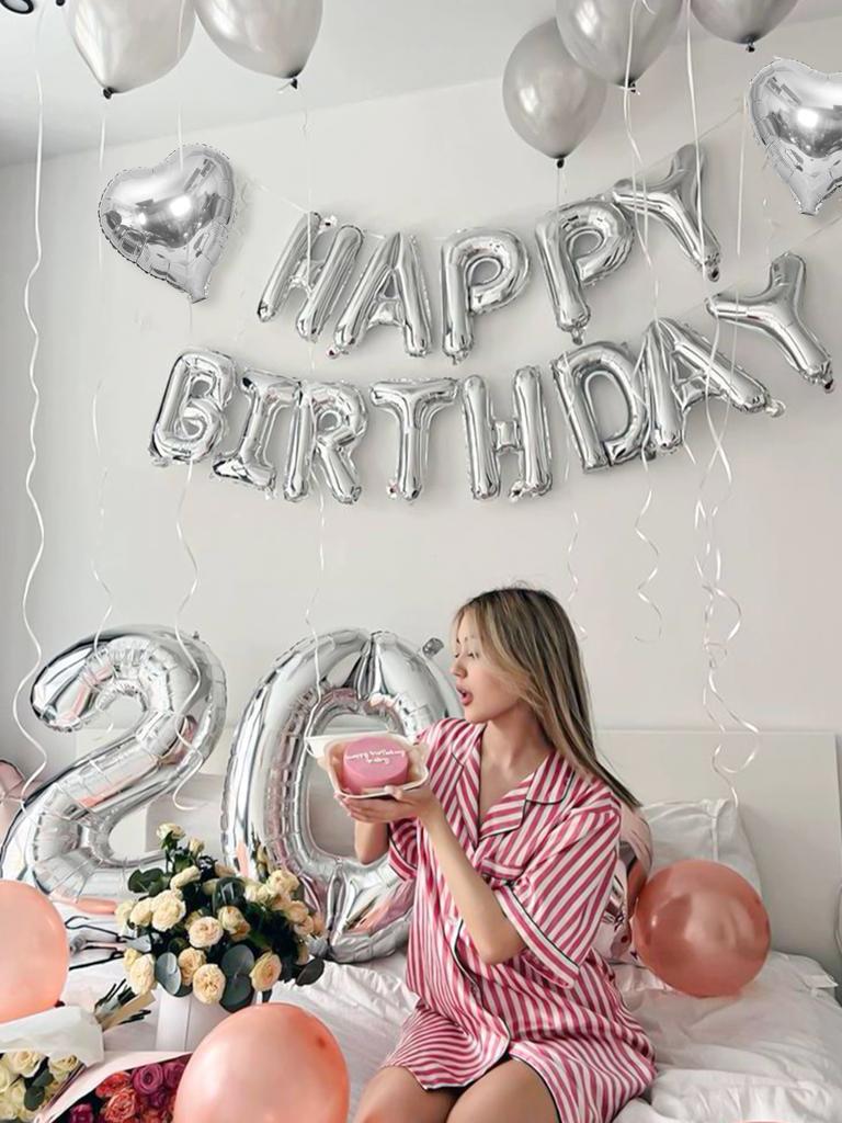 57pcs-pink birthday party set, silver love aluminum film balloons, birthday party decorations
