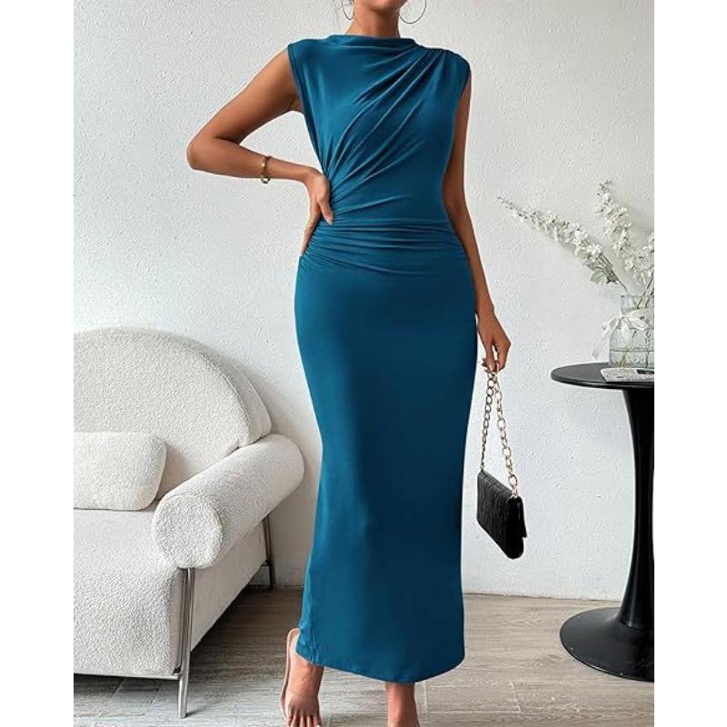 Women's Spring Summer Hot Item Sleeveless Back Slit Pleated Tight Fitting Casual Dresses