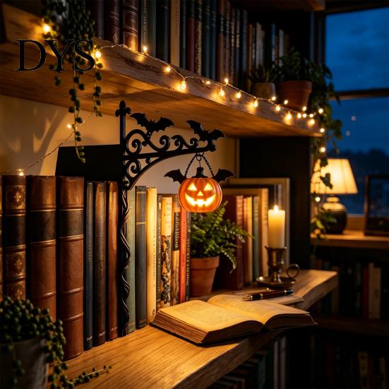 Orange Pumpkin Lanterns Library Lantern, Mini Decorative Bookshelf Lamp, Spooky Ghost Hat Reading Nook Bat Shaped Decorations LED Nightlight, Vintage