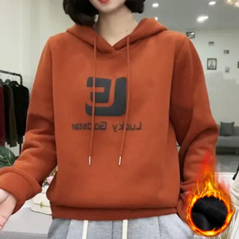 Plus Samt Pullover Damen Herbst und Winter Mode Übergröße Kapuzenpullover Bedruckt Langärmlig Verdickt Damen Bluse
