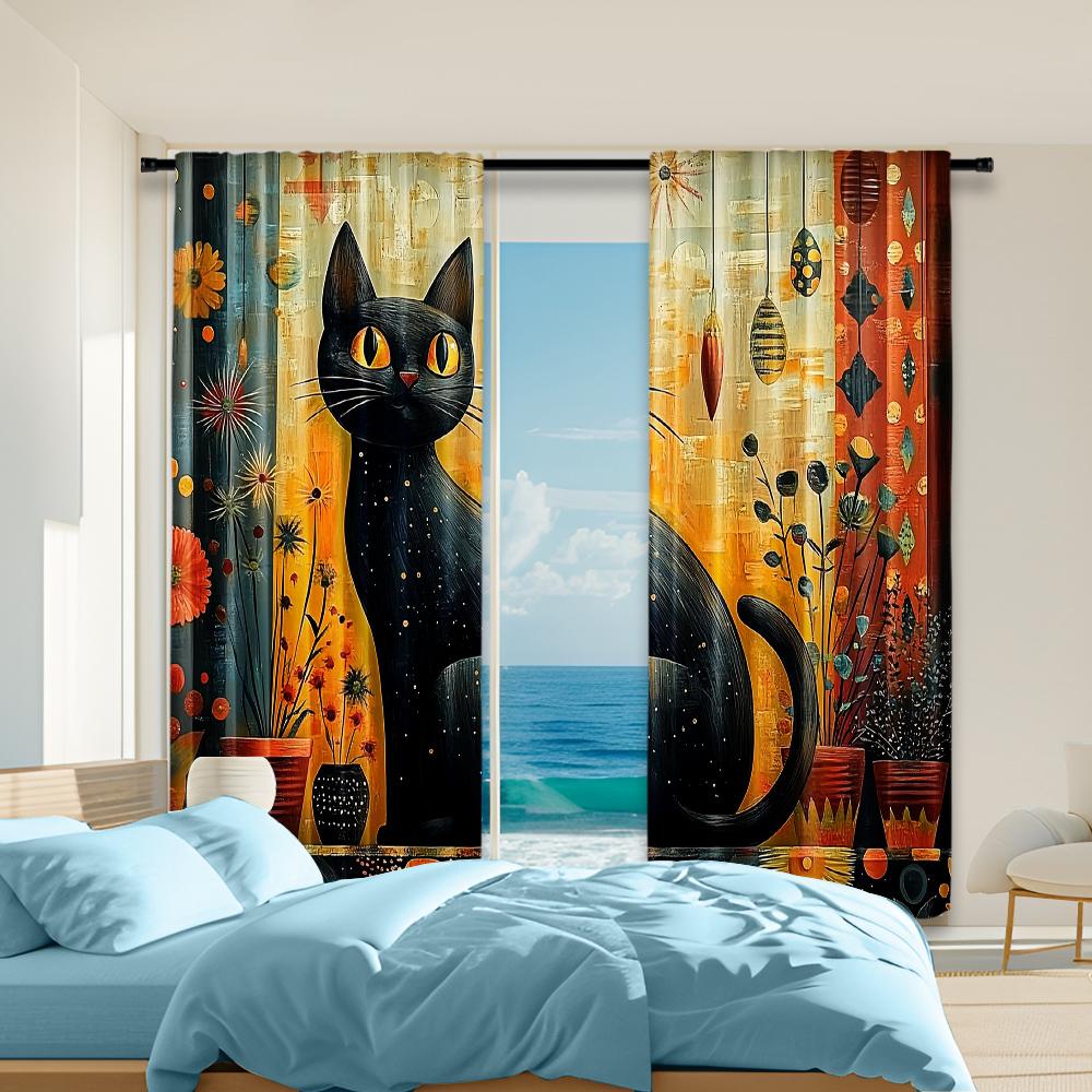 

Versatile Polyester Transparent Curtains Home Decoration Cat Floral Use Bedrooms Living Rooms Curtain Set Of 2 Made Washable Great Room Ready W100*H70(CM)-Rod Pocket&2PCS