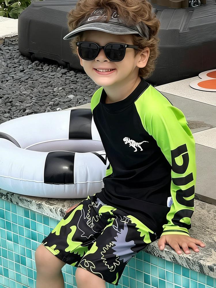2026 Boys' Two-Piece Dinosaur Swimsuit Set – Long Sleeve, Sun-Protective, Breathable, Quick-Dry