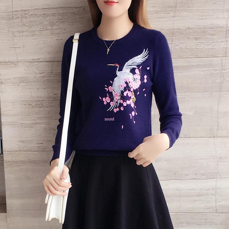 2023 Women's Autumn Embroidered Crane Knit Pullover: Slimming Long Sleeve Base Layer Top