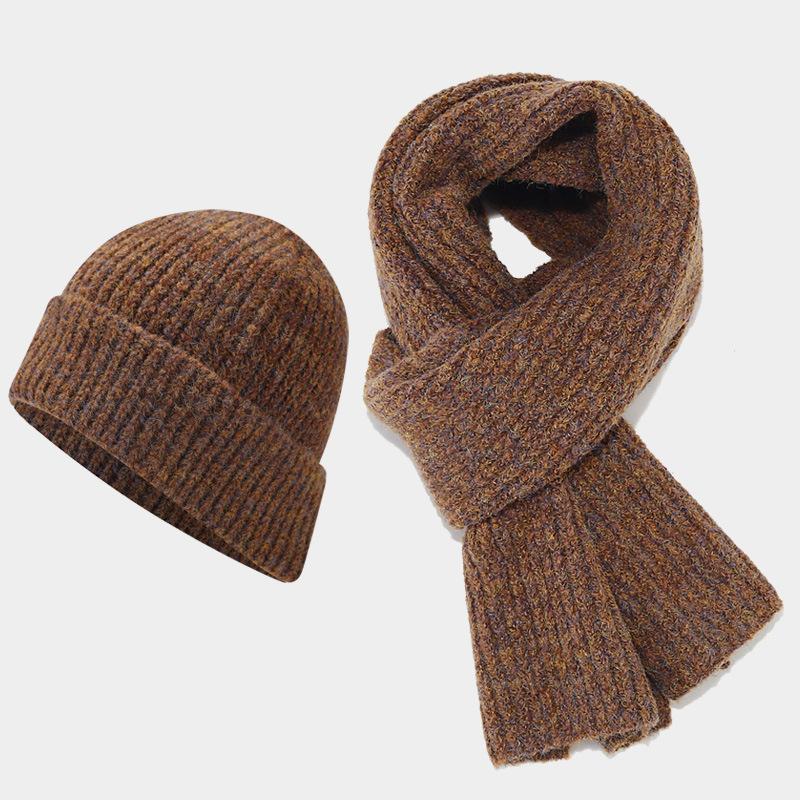 New two-color striped thickened hat, scarf set, autumn and winter outdoor cold-proof knitted hat two-piece set