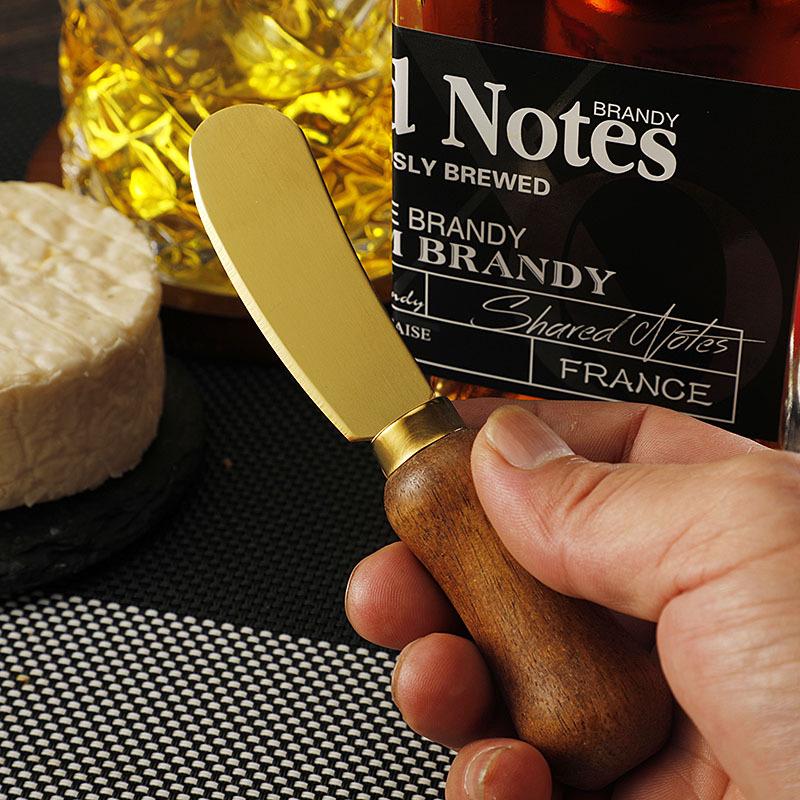 Stainless Steel Gold Cheese Knife with Acacia Wood Handle, Fork, and Spatula Utensils Set