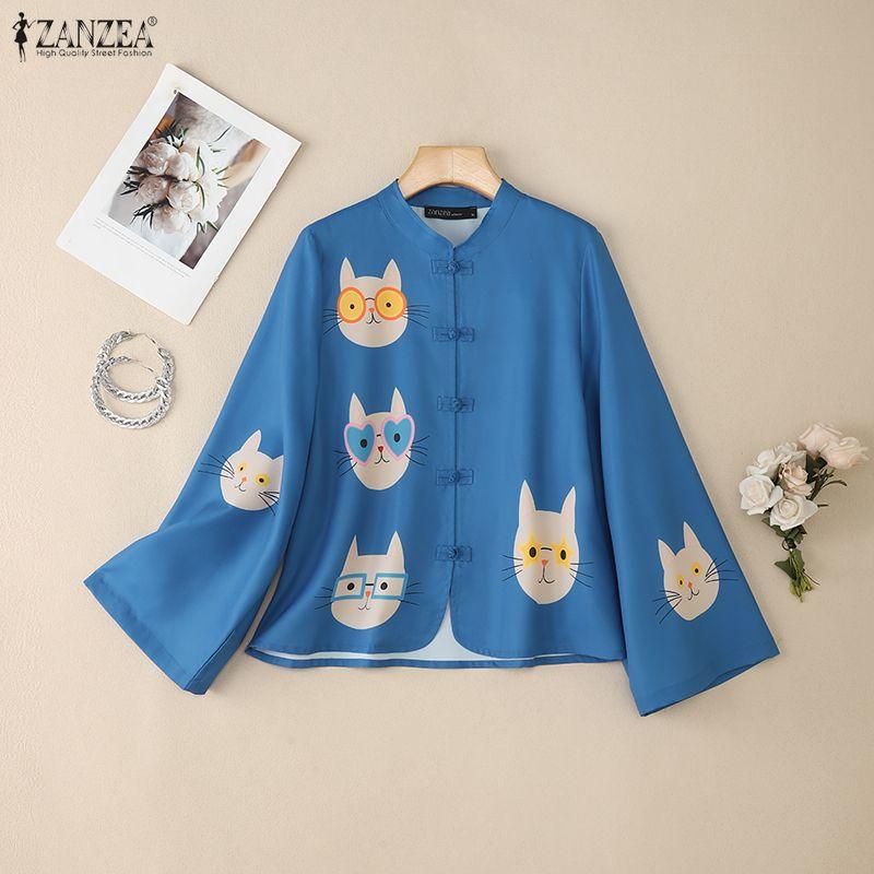 ZANZEA Women Stand Collar Loose Casual Long Sleeve Print Blouse