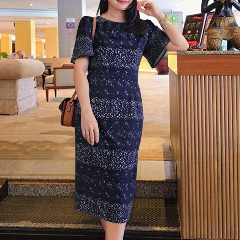 

ZANZEA Женское повседневное летнее платье с круглым вырезом и коротким рукавом с принтом 4XL темно-синий