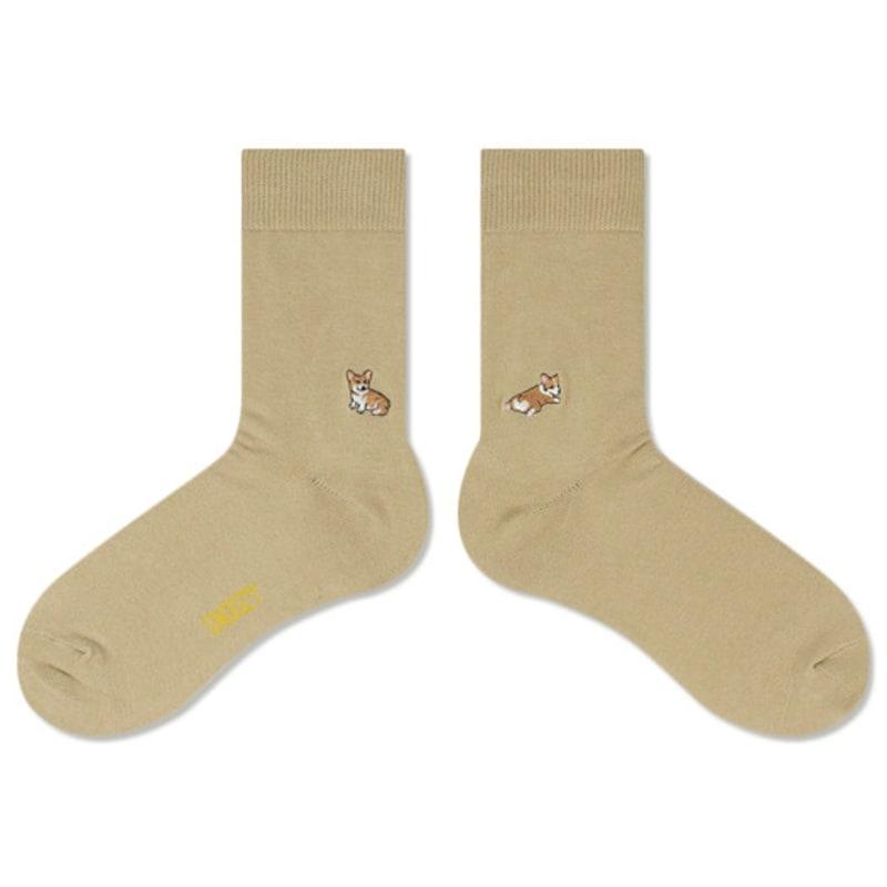 SNOOZY Welsh Corgi Puppy Embroidered Socks (Dark Beige)