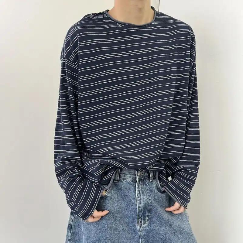 Móda Vintage Pruhované Pulovery Pánské Oblečení Základní Kulatý Výstřih Podzim Kontrastní Barvy Dlouhý Rukáv Ležérní Volná Trička