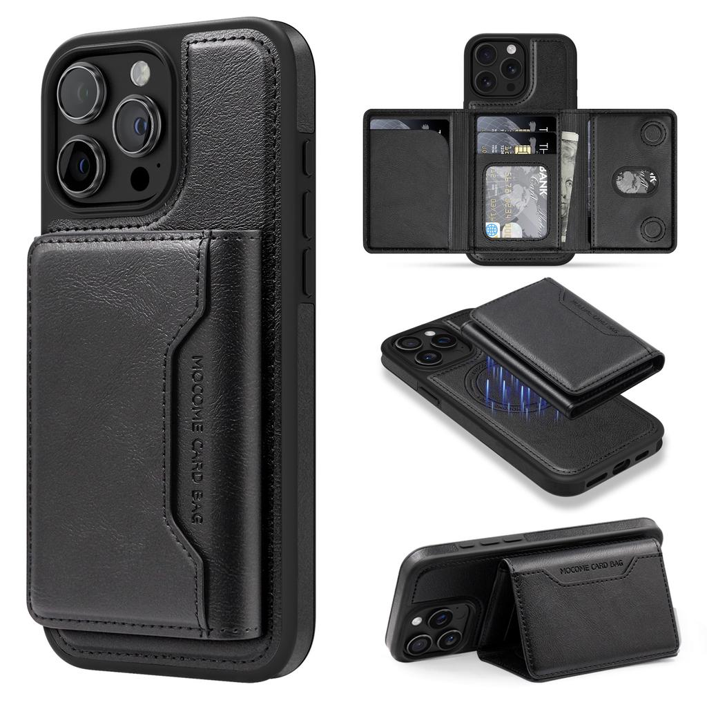 For iPhone 15 Pro Magnetic Case Leather Back Phone Cover with Detachable Card Bag