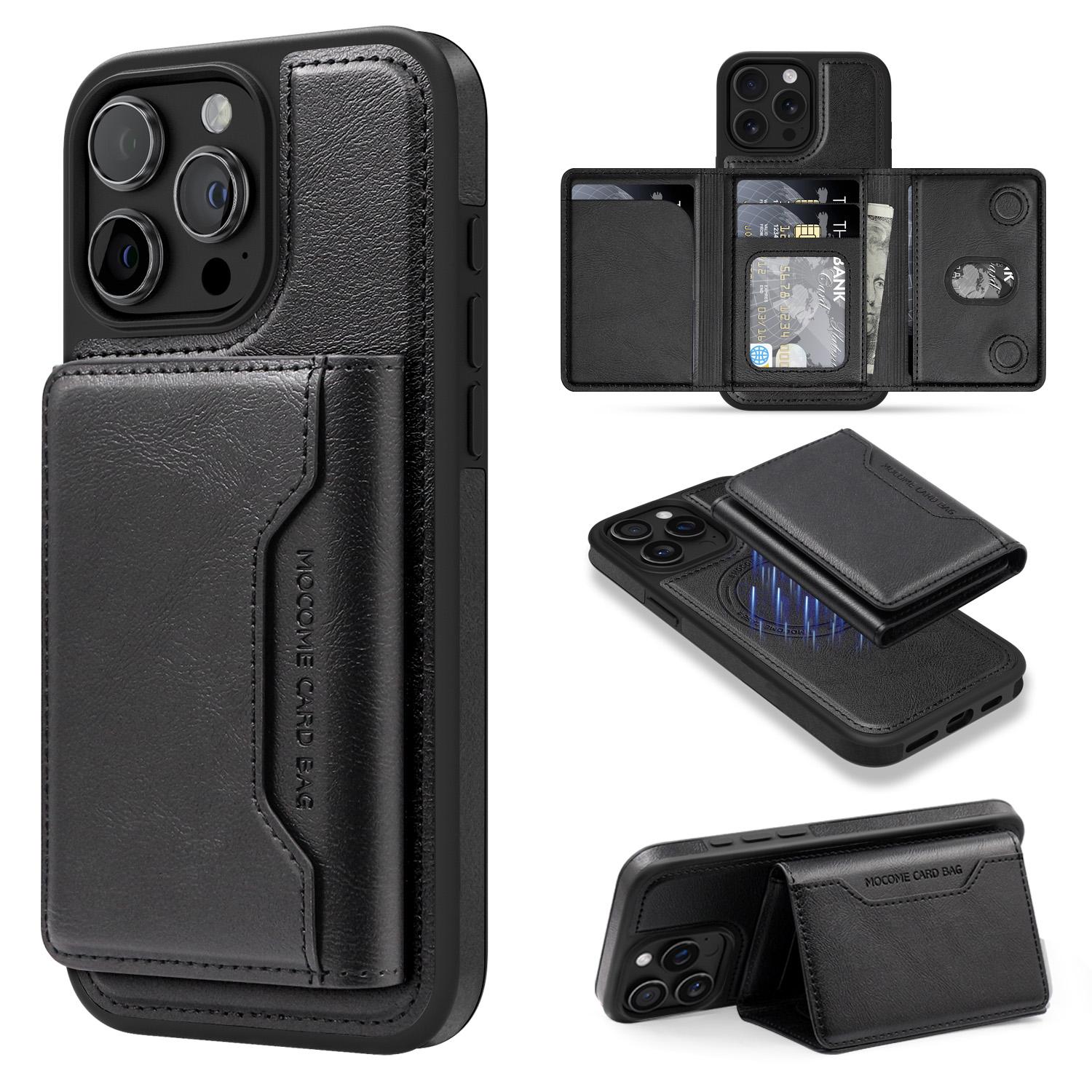 

Для iPhone 15 Pro Max Магнитный чехол Кожаная задняя крышка телефона со съемным карманом для карт A