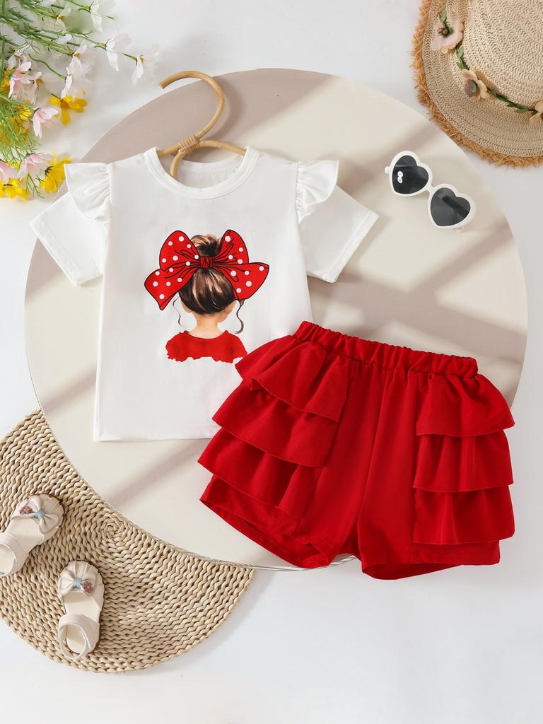 Girls Printed Sleeve T-Shirt + Ruffle Skirt Two-Piece Set