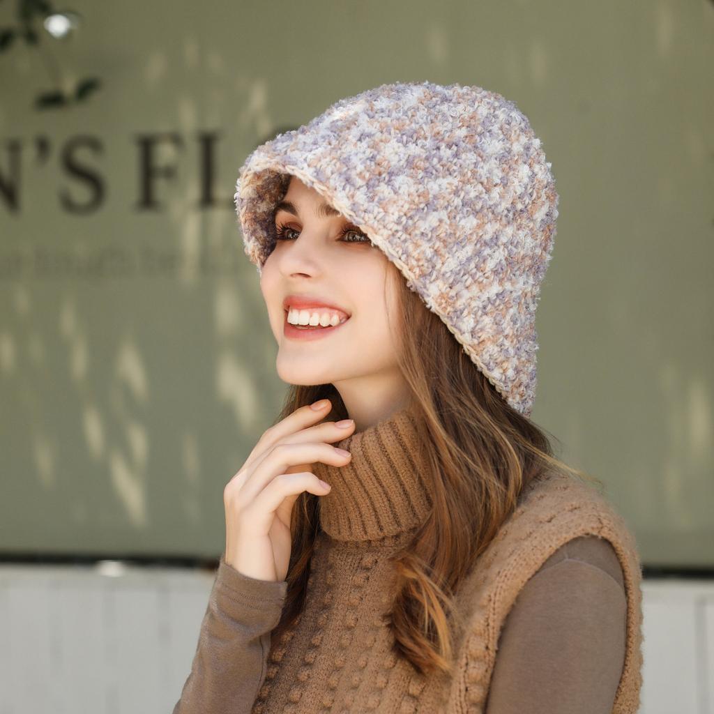 New spring and autumn striped bucket hat big head circumference show face small plain face cover warm ear protection knitted hat