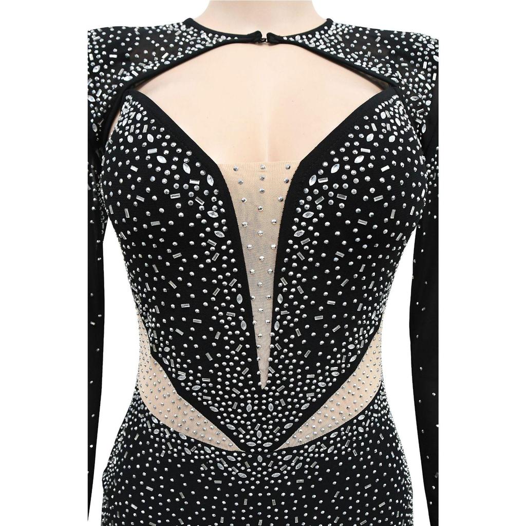 C6312 Fashion Women's Mesh Hot Drilling Solid Color Long Sleeve Short Skirt Dress