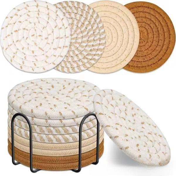 8pcs Handwoven Coasters Made of Cotton Absorbent and Heat-resistant Solid Color Nordic Style Coaster for Home Decoration