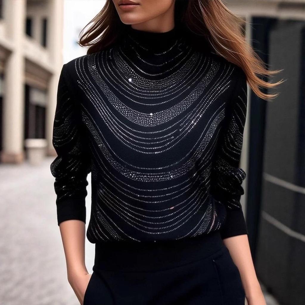 Plus Size Heavy-Duty Hot Drilled Semi-High Neck Long Sleeve Women's Base Shirt for Autumn/Winter 2026