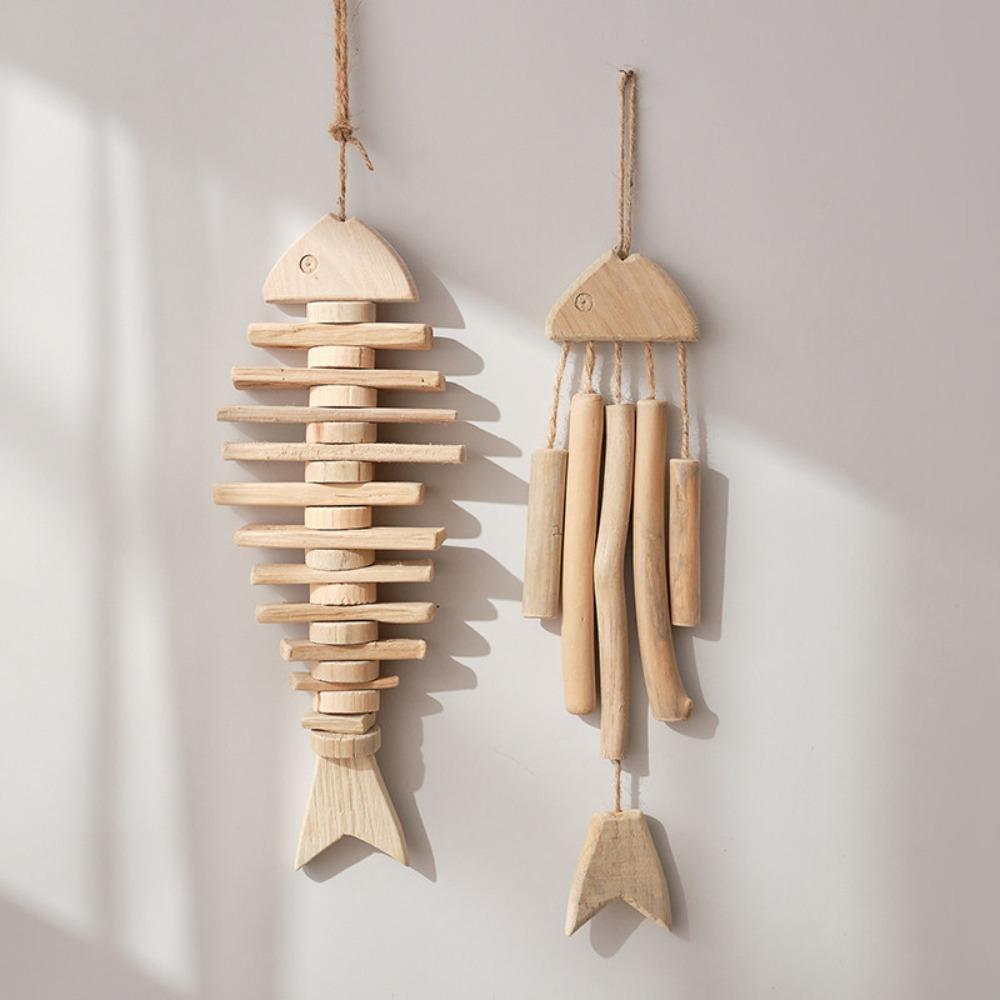 Mediterranean Style Wooden Fish Skewers Fishbone Pendants Creative Fishing Net Ornaments Home Wall Decorations Wall Decorations