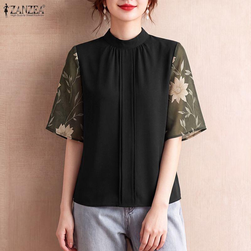 ZANZEA Damen Lässig Rundhals Spleiß Halbarm Sommerbluse