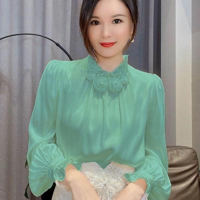 Chemise Féerique Douce Florale 3D en Satin - Printemps 2024 Haut Élégant et Polyvalent
