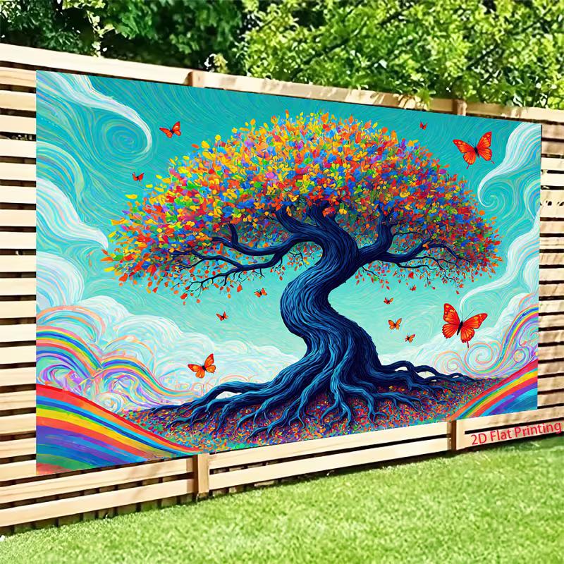 2D Dreamy Tree of Life Backdrop with Multicolor Leaves & Butterflies for Art Events