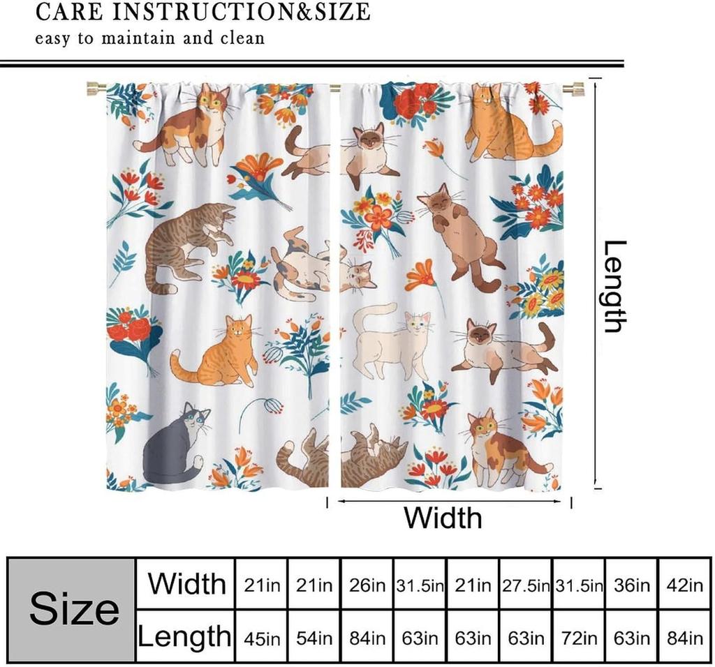 Cartoon Cat Floral Curta, Colorful Spring Blue Orange Flowers Bouquets Funny Cute Cats Nature Garden Window Treatments For