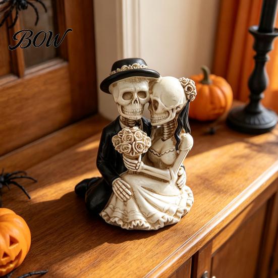 Gothic Style Home Accents Skeleton Couple Figurine, Spooky Resin Halloween Skull Lover Statue, Day of Themed Desktop Decor The Dead Wedding Bride And