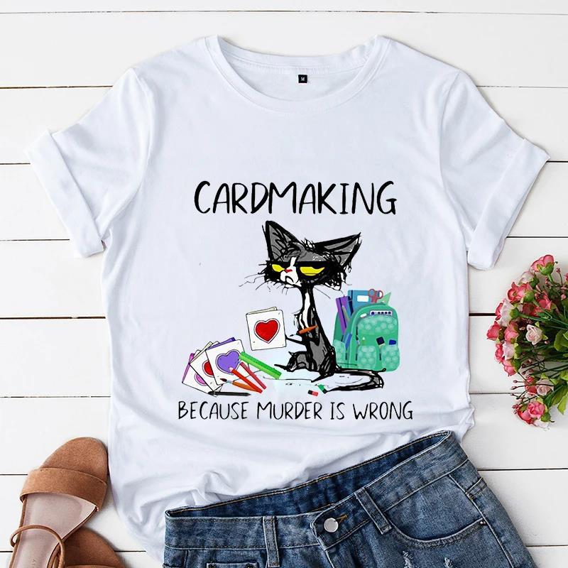 Sommer Kurzarm T-Shirt bedruckt mit Schwarzer Katze Gartenarbeit Lässig Lockeres Oberteil, Modische Reine Baumwoll-T-Shirts Damen