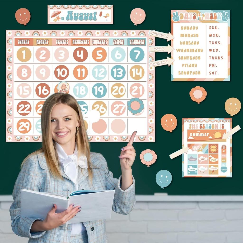 Groovy Classroom Calendar Bulletin Board Set Decorations Retro Hippie Calendar Seasons Weather Chart CTP Bright Paper-Cuts Boho Hippie Wall Decals