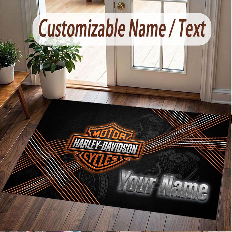 Custom Rug Harley-Davidson Pattern Print Name Text Soft Non‑Slip Floor Carpet for Home Indoor Decoration