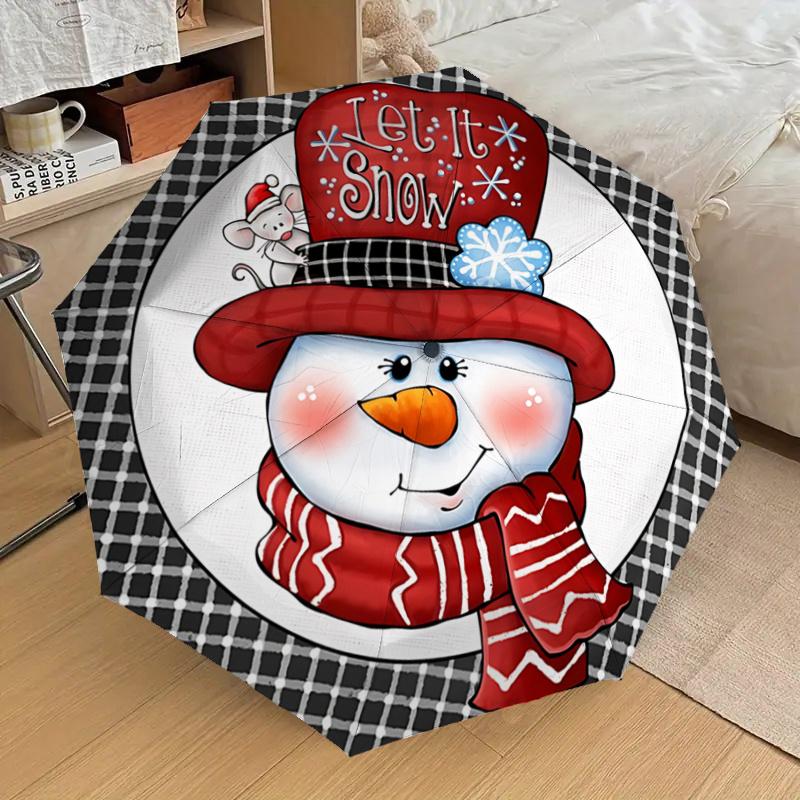Let It Snow Winter Snowman Design Auto Open Close Umbrella - Foldable 3-Tier Design with 8-Bone Iron Frame, Perfect for Festive Gifts, Trave