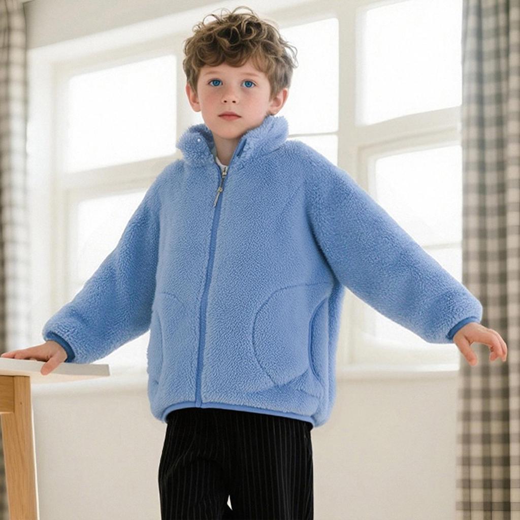 Unisex Children's Warm Fleece Jacket with Pockets - Korean Style, Stand Collar, Long Sleeve