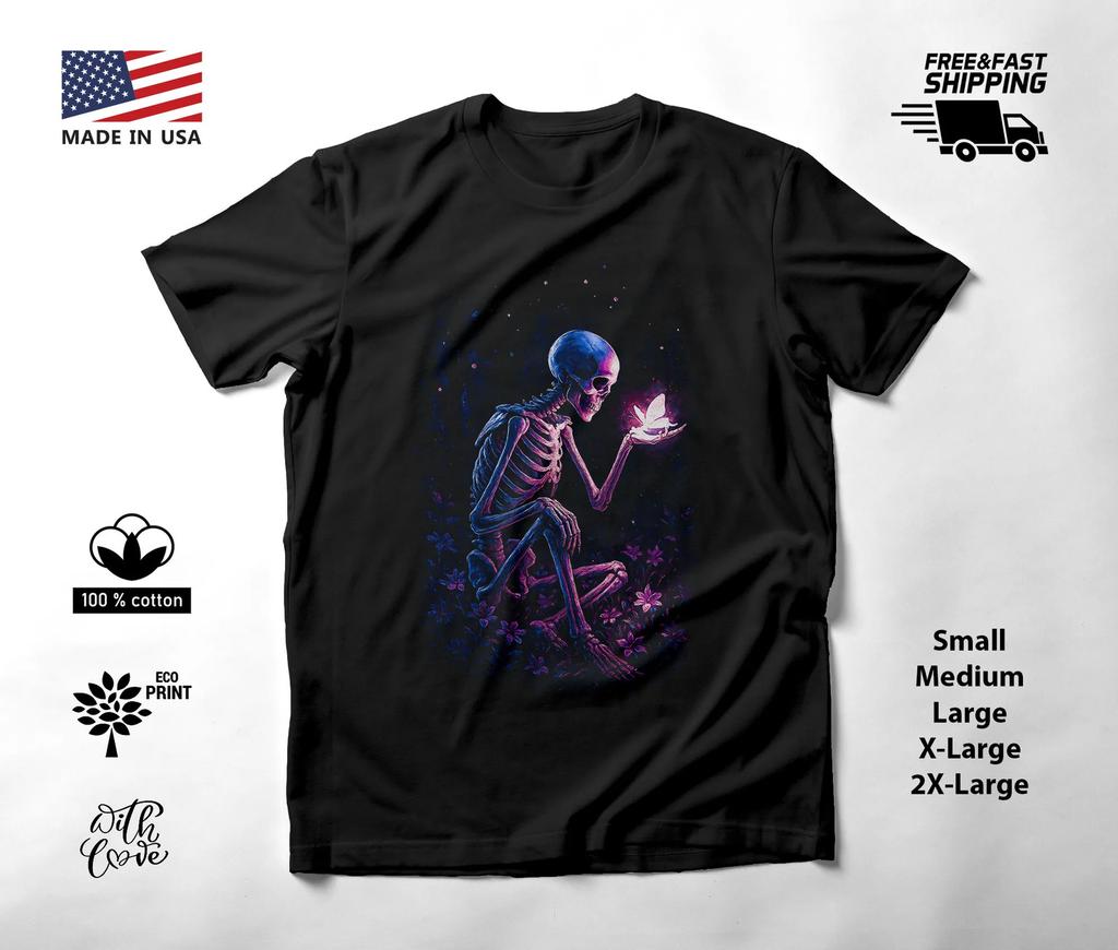 Purple Skeleton with Glowing Butterfly T-Shirt Black Unisex S-2XL