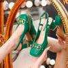 Women's Mid-heel Summer French Style Back Empty Female Thick Heel Square Toe Mary Jane Shoes Black Green Talon Femme