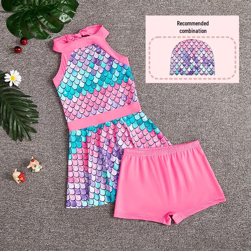 New Girls' Fish Scale Gradient One-Piece Swimsuit with Skirt for Children
