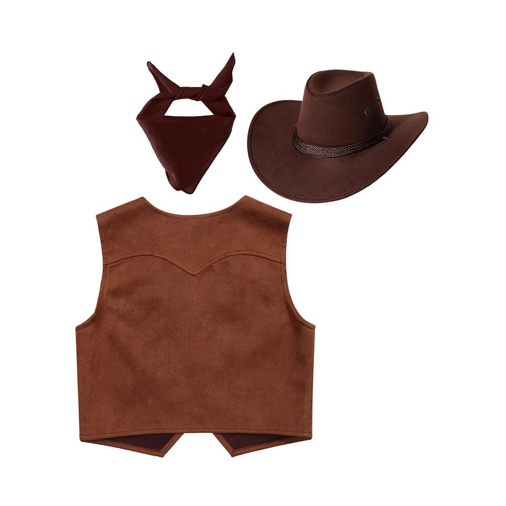 Kids Cowboy Costume Set Printed Fringe Vest Paisley Bandanna Matching Cowboy Hat Carnival Dress Up
