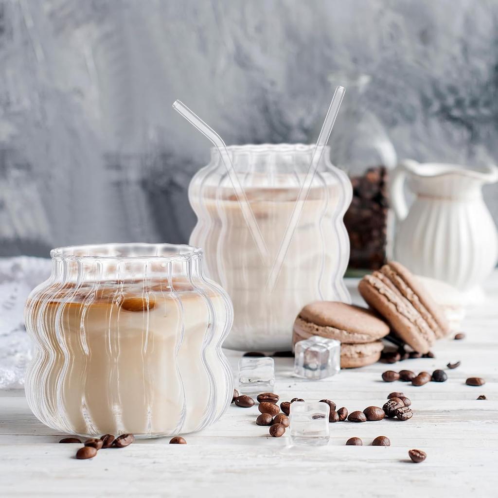 4 Pcs Creative Glassware Set Wave Shape Drinking Glasses with Glass Straw Aesthetic Cups Vintage Ribbed Glass Cups Cute Drinking Glasses for Tea Beer