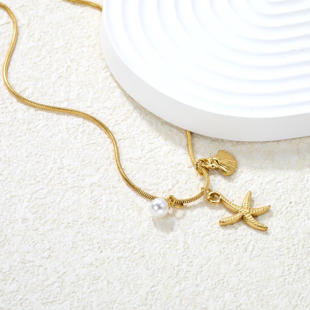 Summer Beach Starfish Shell Pearl Pendant Gold Necklace Women's Jewelry Accessory
