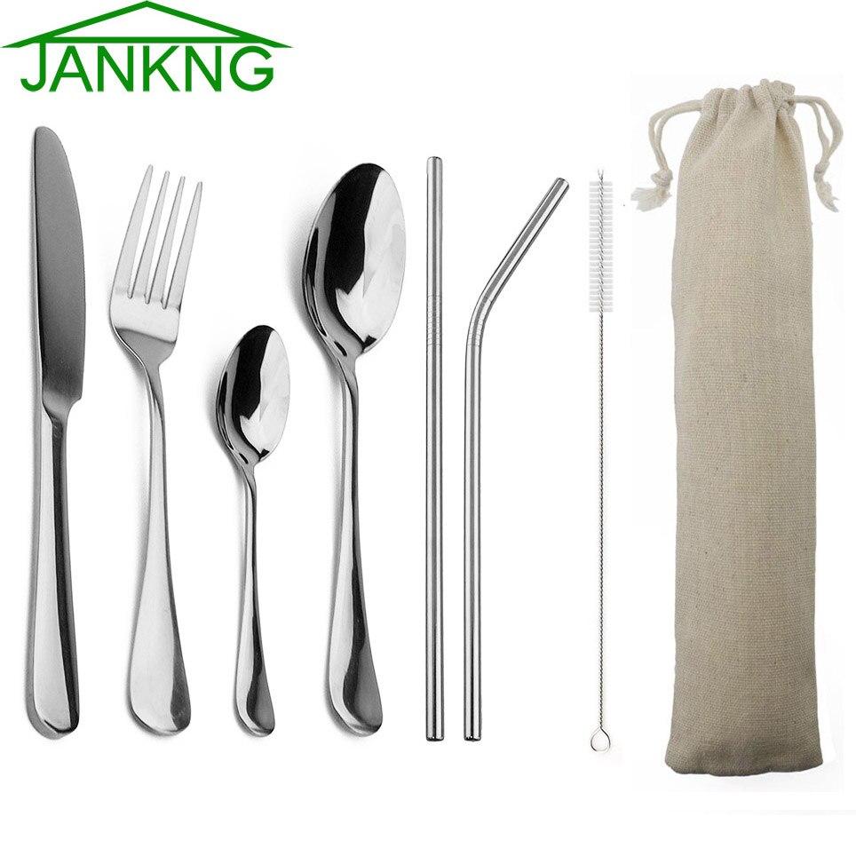 

JANKNG, 7 предметов, серебряные столовые приборы с металлической соломинкой, посуда из нержавеющей стали, нож, вилка, ложка, столовая посуда, дорожные радужные столовые приборы серебряный