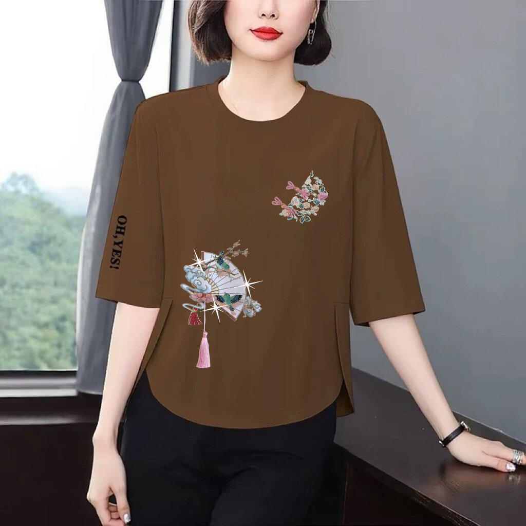 Trendy Printed 3/4 Sleeve T-Shirt for Moms: Loose, Slimming, Belly-Covering, Age-Reducing Top for Middle-Aged and Elderly Women