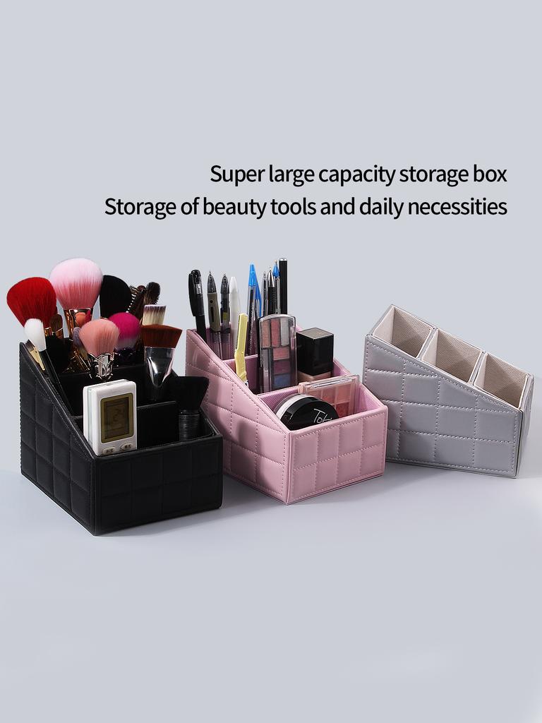 Large capacity PU makeup brush storage box High-end dresser Office stationery storage box stepped three-layer storage tools