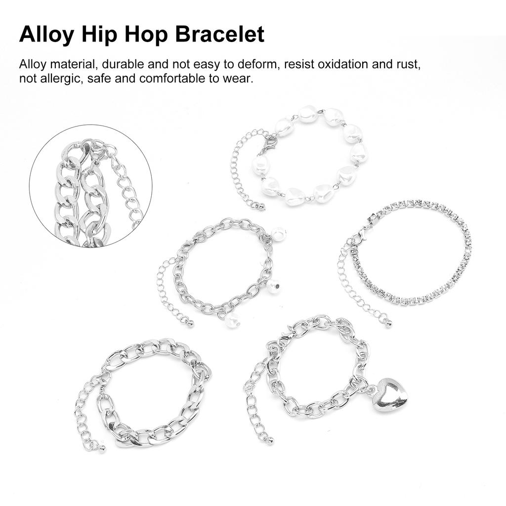 5pcs Elegant Bracelet Set Imitation Pearls Heart Alloy Fashionable Hip Hop Bracelet
