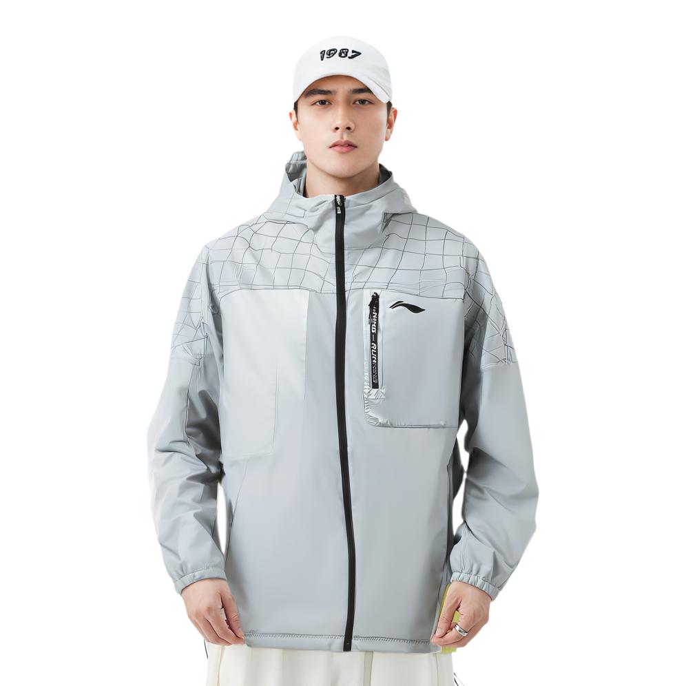 Li Ning Running Series Color Block Solid Hooded Long Sleeve Fleece Reflective Sports Jacket Men Jacket Coin-Gray AFDR691-2